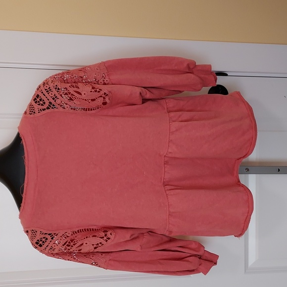 Est. 1948 Cute Coral Peplum  Lace Shoulder Top - Picture 7 of 10